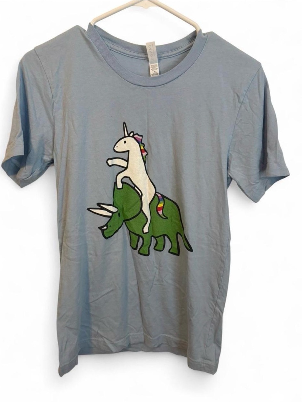 Unisex Adult Light Blue Graphic Tee with Unicorn & Triceratops Design
